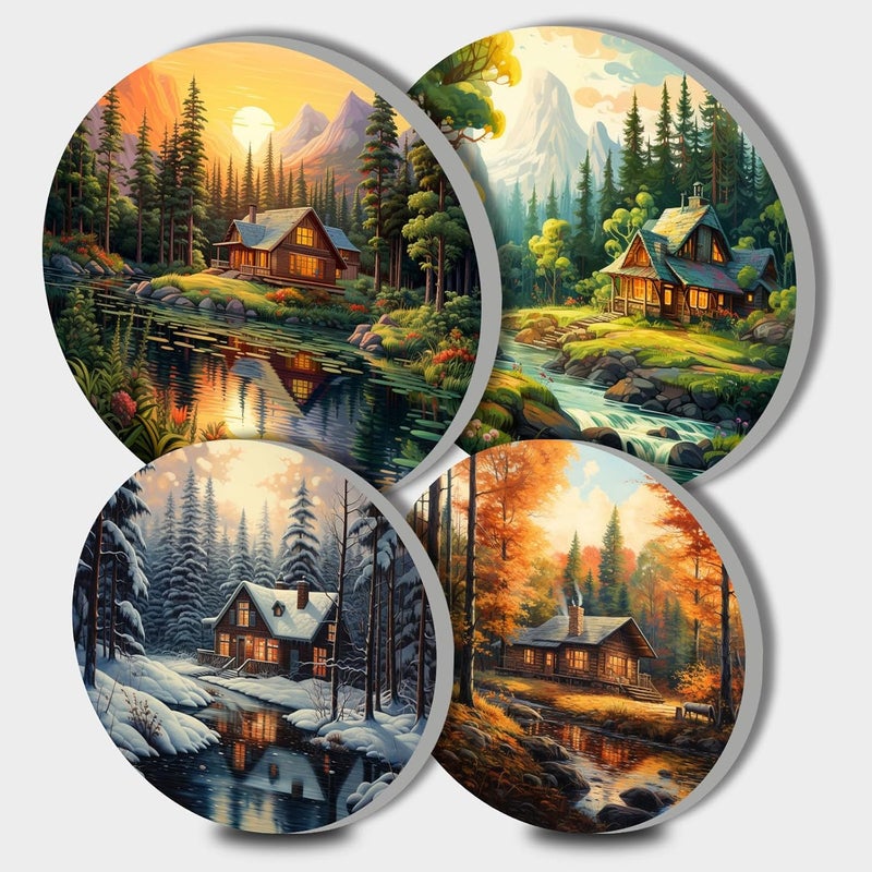 Tucocoo 4 Pieces Family Round Stove Burner Covers Set,2 Pieces 8 Inches and 2 Pieces 10 Inches,Black Gas Stove Burner Covers,Electric Stove Burner Covers,Four Seasons Forest Metal Stove Burner Cover Kits - Image 1